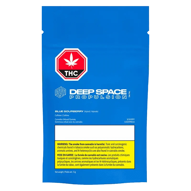 Close-up of the Propulsion Blue Sourberry Gummies packaging with a bold design and visible THC symbol, angled slightly upward.
