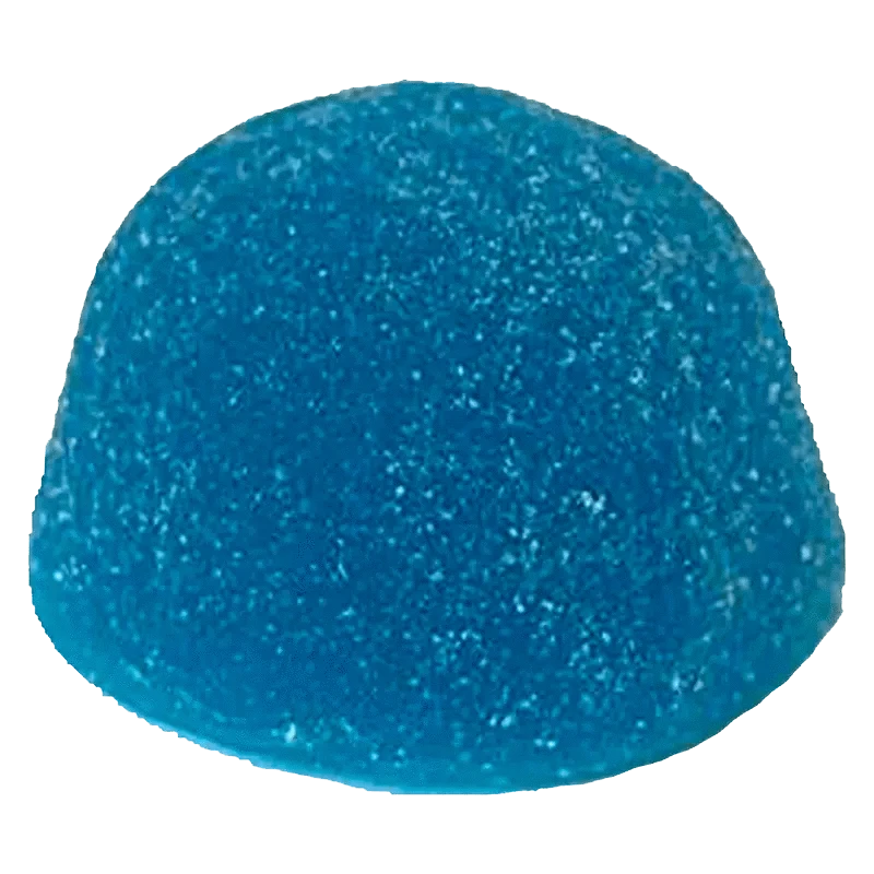 Close-up of the Propulsion Blue Sourberry Gummies, showcasing their vibrant blue color and rounded shape against a white background.