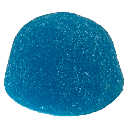 Close-up of the Propulsion Blue Sourberry Gummies, showcasing their vibrant blue color and rounded shape against a white background.