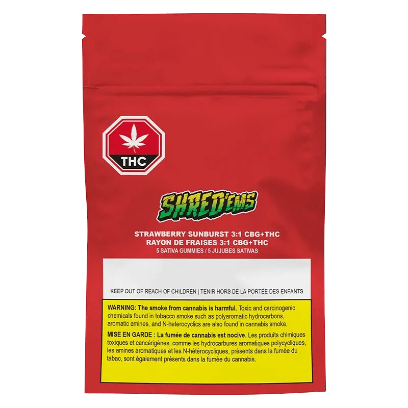 Strawberry Sunburst 3:1 CBG:THC Gummies packaging with a colorful cannabis leaf against a black backdrop.