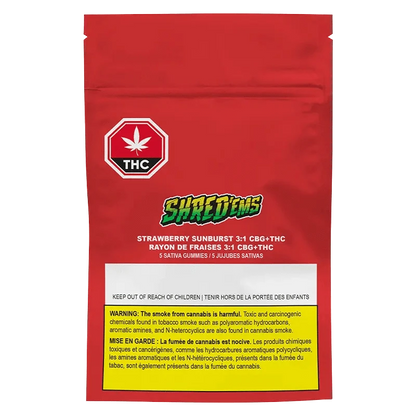 Strawberry Sunburst 3:1 CBG:THC Gummies packaging with a colorful cannabis leaf against a black backdrop.