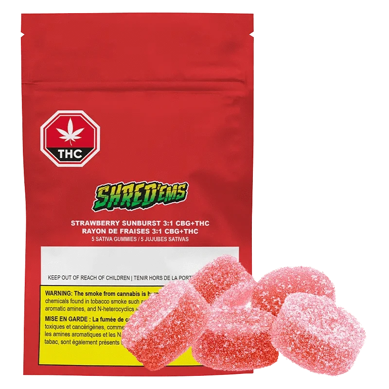 Strawberry Sunburst 3:1 CBG:THC Gummies packaging features bold red text on a white background, angled slightly from above.