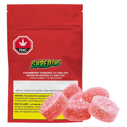 Strawberry Sunburst 3:1 CBG:THC Gummies packaging features bold red text on a white background, angled slightly from above.