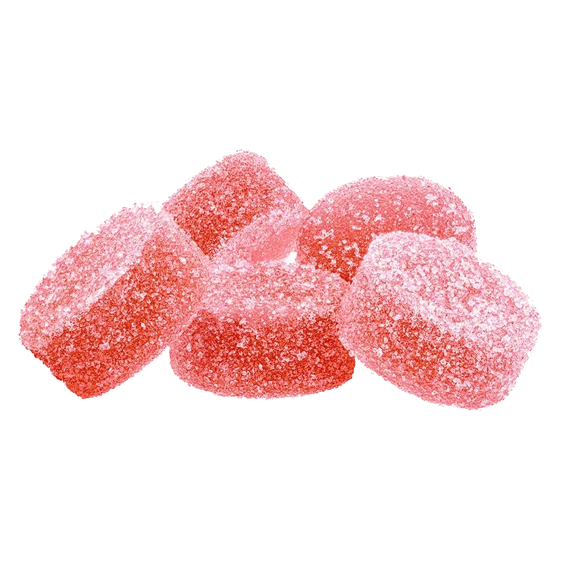 A close-up, top-down view of several red Strawberry Sunburst 3:1 CBG:THC Gummies arranged together on a white surface.