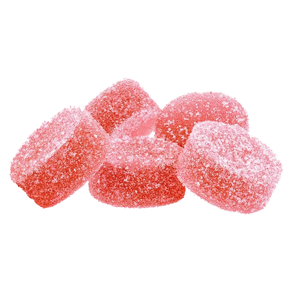 A close-up, top-down view of several red Strawberry Sunburst 3:1 CBG:THC Gummies arranged together on a white surface.