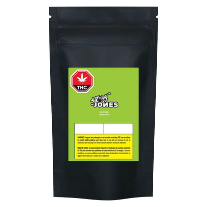 Front view of Green Apple Gummies packaging with a vibrant design and cannabis leaf emblem against a dark background.