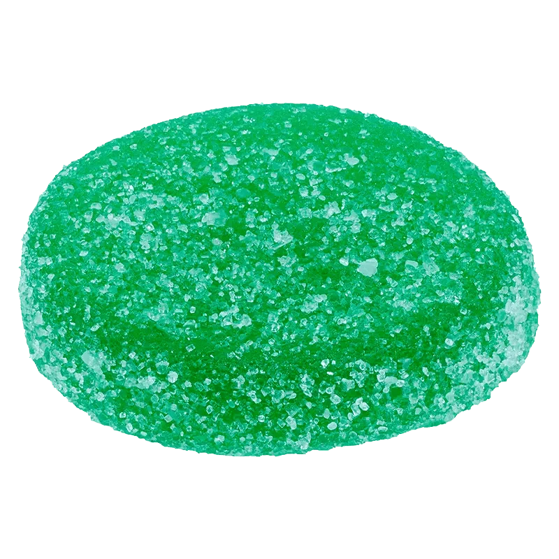 A close-up view of vibrant Green Apple Gummies, showcasing their translucent, textured surface.