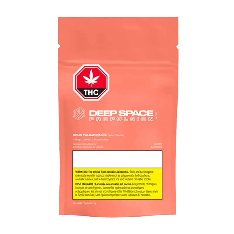 Front view of the Sour Pulsar Peach THC Caffeine Gummy packaging, displaying a colorful design and bold branding against a dark background.