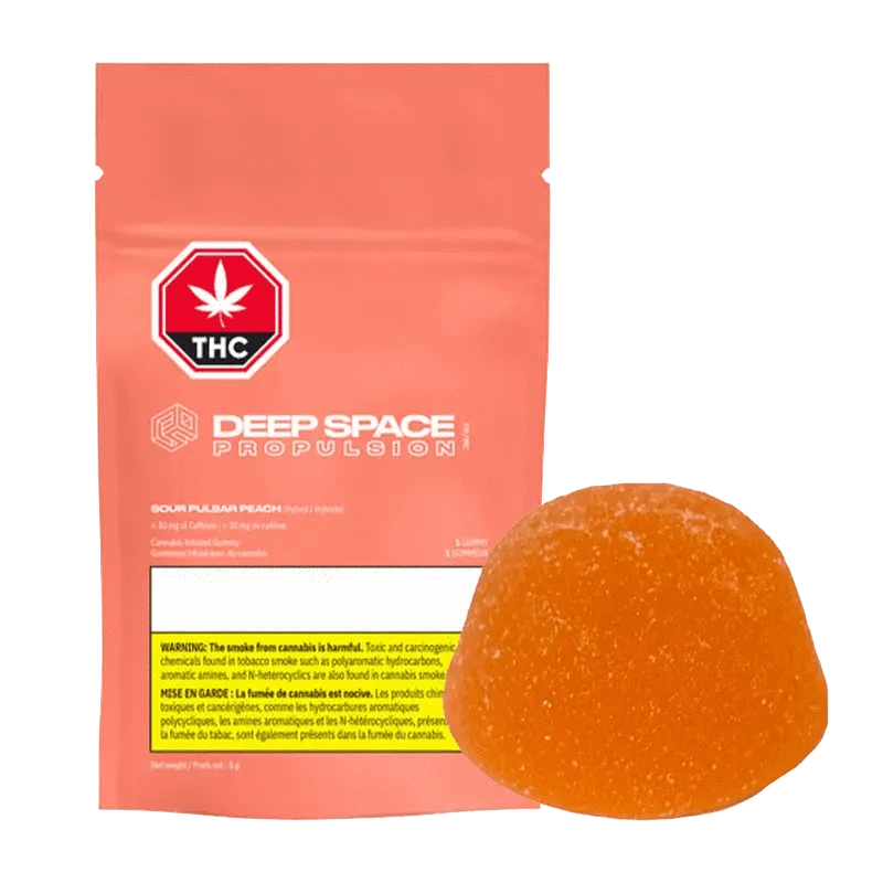 Front view of the Sour Pulsar Peach THC Caffeine Gummy packaging, featuring a peach-toned design with a cosmic, starburst-like aesthetic.