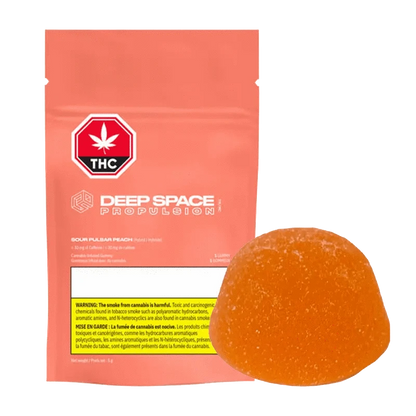 Front view of the Sour Pulsar Peach THC Caffeine Gummy packaging, featuring a peach-toned design with a cosmic, starburst-like aesthetic.