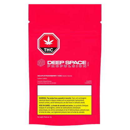 Close-up of the Sour Strawberry Void THC Caffeine Gummy package, featuring bold typography and branding against a dark background.