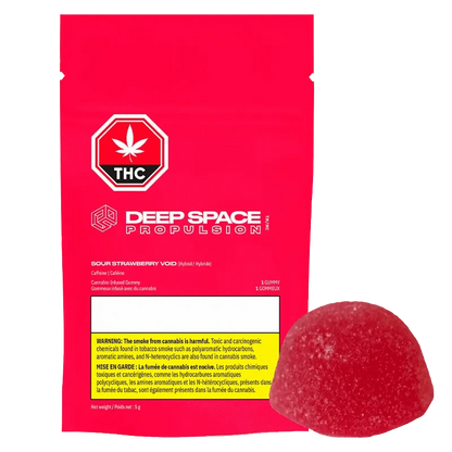 Close-up of the Sour Strawberry Void THC Caffeine Gummy packaging with a black background and bold text.