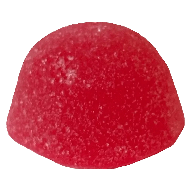 Close-up of a red Sour Strawberry Void THC Caffeine Gummy against a plain white backdrop.