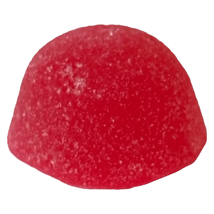 Close-up of a red Sour Strawberry Void THC Caffeine Gummy against a plain white backdrop.