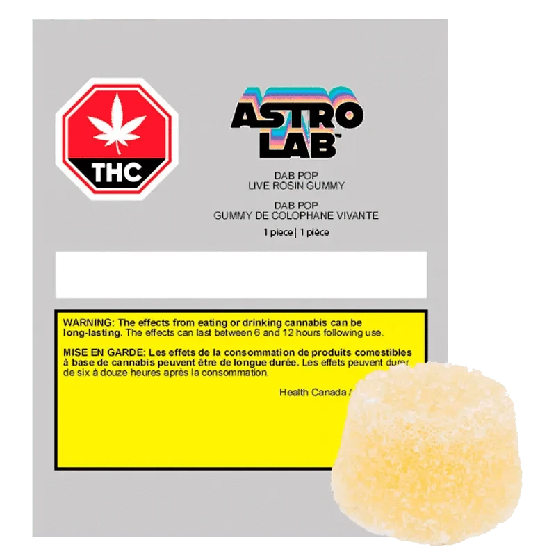 Front view of the Dab Pop Live Rosin Gummies packaging, featuring a vibrant logo and bold text on a dark background.