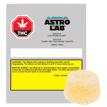 Front view of the Dab Pop Live Rosin Gummies packaging, featuring a vibrant logo and bold text on a dark background.