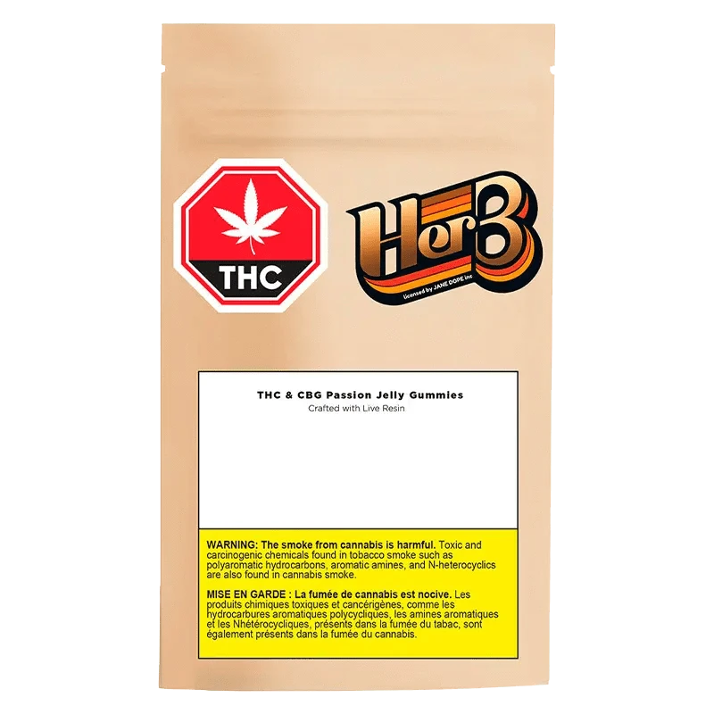Front view of the CBG Passion Jelly Gummies packaging, featuring a vibrant red and white label with a cannabis leaf.