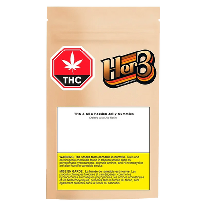 Front view of the CBG Passion Jelly Gummies packaging, featuring a vibrant red and white label with a cannabis leaf.