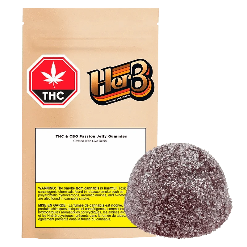 Front view of CBG Passion Jelly Gummies packaging featuring bold text and a cannabis leaf against a bright yellow background.