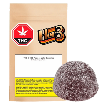 Front view of CBG Passion Jelly Gummies packaging featuring bold text and a cannabis leaf against a bright yellow background.