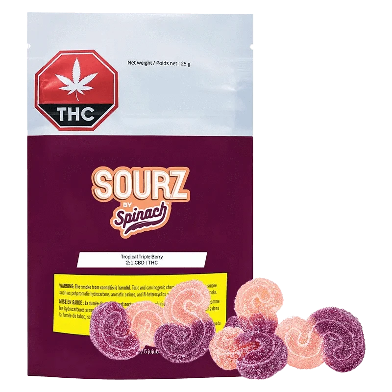 A close-up, top-down view of vibrant red Tropical Triple Berry 2:1 Gummies scattered on a white surface.