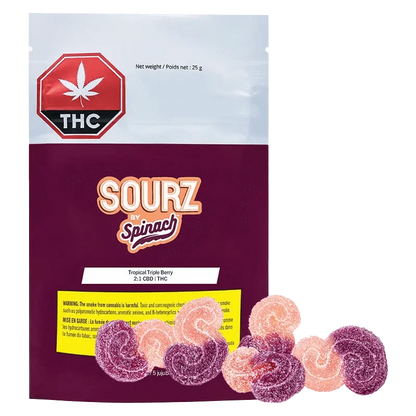 A close-up, top-down view of vibrant red Tropical Triple Berry 2:1 Gummies scattered on a white surface.