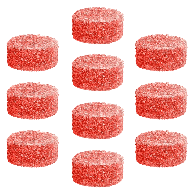 Top-down grid of ten sugar-coated Red Apple Peach Gummies, each round, pink-red, and evenly spaced on a transparent background.