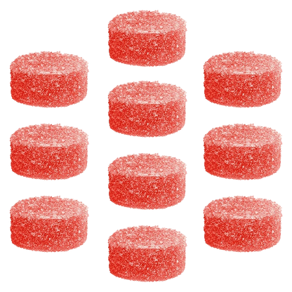 Top-down grid of ten sugar-coated Red Apple Peach Gummies, each round, pink-red, and evenly spaced on a transparent background.