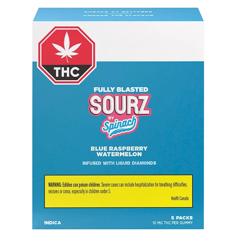 Spinach Sourz 25 g Fully Blasted Blue Raspberry Watermelon Gummies Edibles