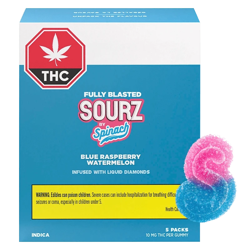 Spinach Sourz 25 g Fully Blasted Blue Raspberry Watermelon Gummies Edibles