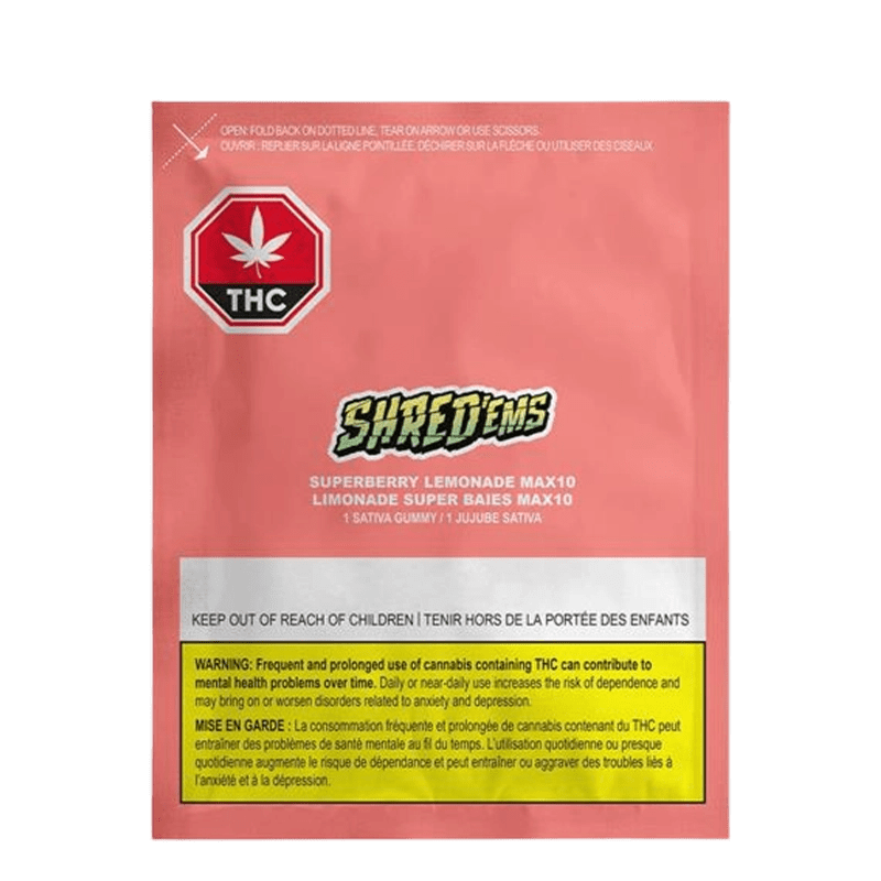 Front-facing shot of a pink pouch labeled "Shred'ems Superberry Lemonade Max10 Gummies" with a THC octagon icon and warning panel.