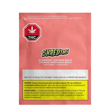 Front-facing shot of a pink pouch labeled "Shred'ems Superberry Lemonade Max10 Gummies" with a THC octagon icon and warning panel.