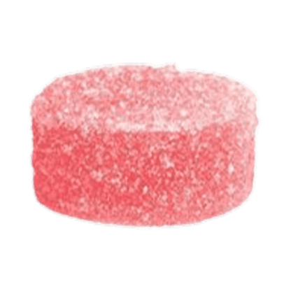 Top-down view of a single sugar-coated pink gummy from Superberry Lemonade Max10 Gummies, shown against a plain white background