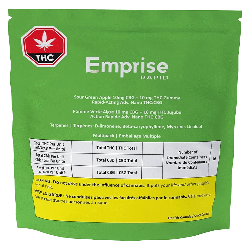Front-facing shot of the green Emprise Rapid Sour Green Apple Gummies pouch with white text, a red THC symbol at top left, and a yellow warning band near the bottom.