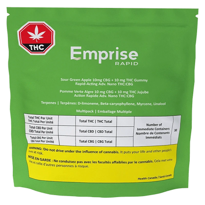 Front-facing shot of the green Emprise Rapid Sour Green Apple Gummies pouch with white text, a red THC symbol at top left, and a yellow warning band near the bottom.