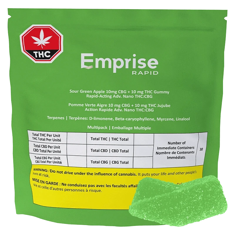 Rear view of a green pouch labeled Emprise Rapid Sour Green Apple Gummies with a THC warning badge and one green sugar-coated gummy at the lower right