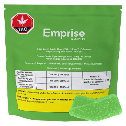 Rear view of a green pouch labeled Emprise Rapid Sour Green Apple Gummies with a THC warning badge and one green sugar-coated gummy at the lower right