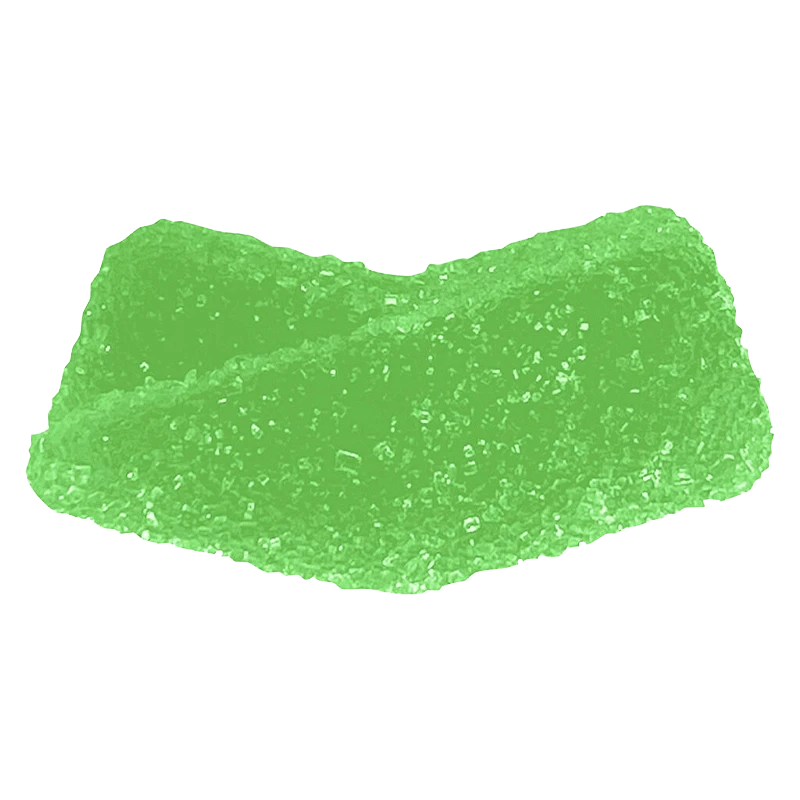 Close-up of two sugar-coated Sour Green Apple Gummies showing bright translucent green color and granular sugar texture.