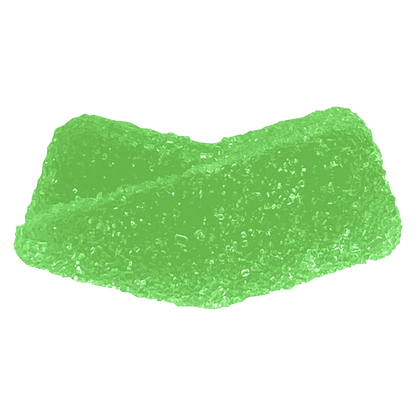Close-up of two sugar-coated Sour Green Apple Gummies showing bright translucent green color and granular sugar texture.