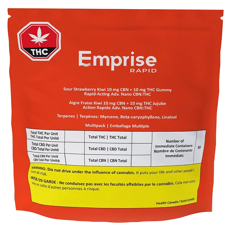 Front-facing red pouch labeled Emprise Rapid Sour Strawberry Kiwi Gummies with white text, THC icon, and a yellow warning band at the bottom