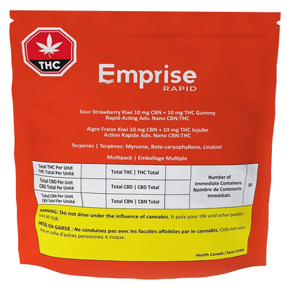 Front-facing red pouch labeled Emprise Rapid Sour Strawberry Kiwi Gummies with white text, THC icon, and a yellow warning band at the bottom