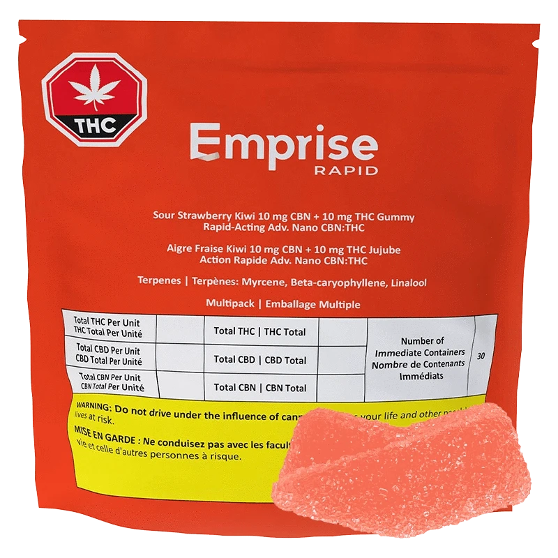 Front-facing image of the red Emprise Rapid Sour Strawberry Kiwi Gummies 30 Pack pouch with a single pink sugar-coated gummy in the lower right.