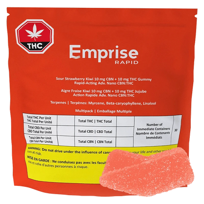 Front-facing image of the red Emprise Rapid Sour Strawberry Kiwi Gummies 30 Pack pouch with a single pink sugar-coated gummy in the lower right.