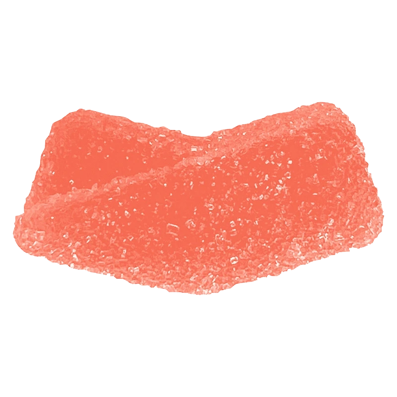 Top-down close-up of a single sugary pink Sour Strawberry Kiwi Gummies piece showing crystalline sugar texture.