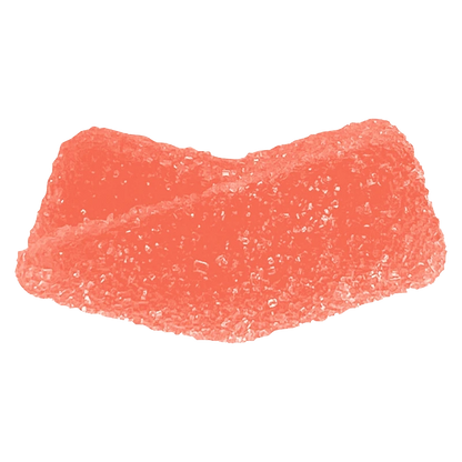 Top-down close-up of a single sugary pink Sour Strawberry Kiwi Gummies piece showing crystalline sugar texture.