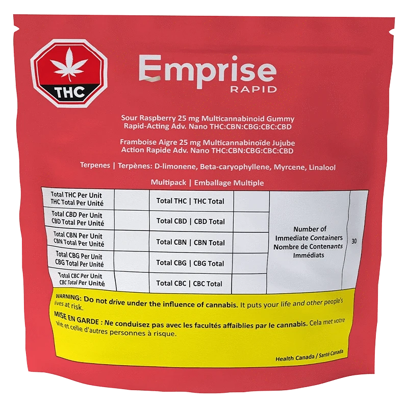 Front-facing shot of the red Emprise Rapid Sour Raspberry Gummies pouch with white logo, ingredient table and a yellow warning panel at the bottom