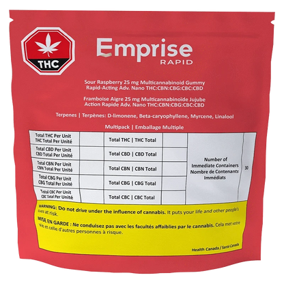 Front-facing shot of the red Emprise Rapid Sour Raspberry Gummies pouch with white logo, ingredient table and a yellow warning panel at the bottom
