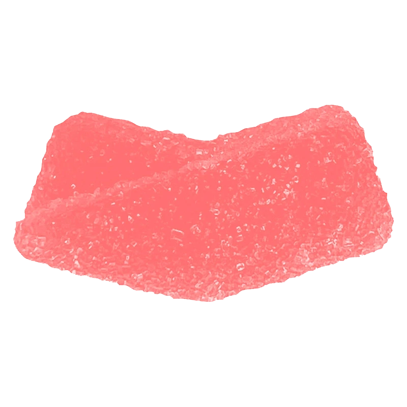Close-up of a single pink Sour Raspberry Gummies candy with granular sugar crystals visible on its curved surface.
