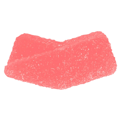 Close-up of a single pink Sour Raspberry Gummies candy with granular sugar crystals visible on its curved surface.