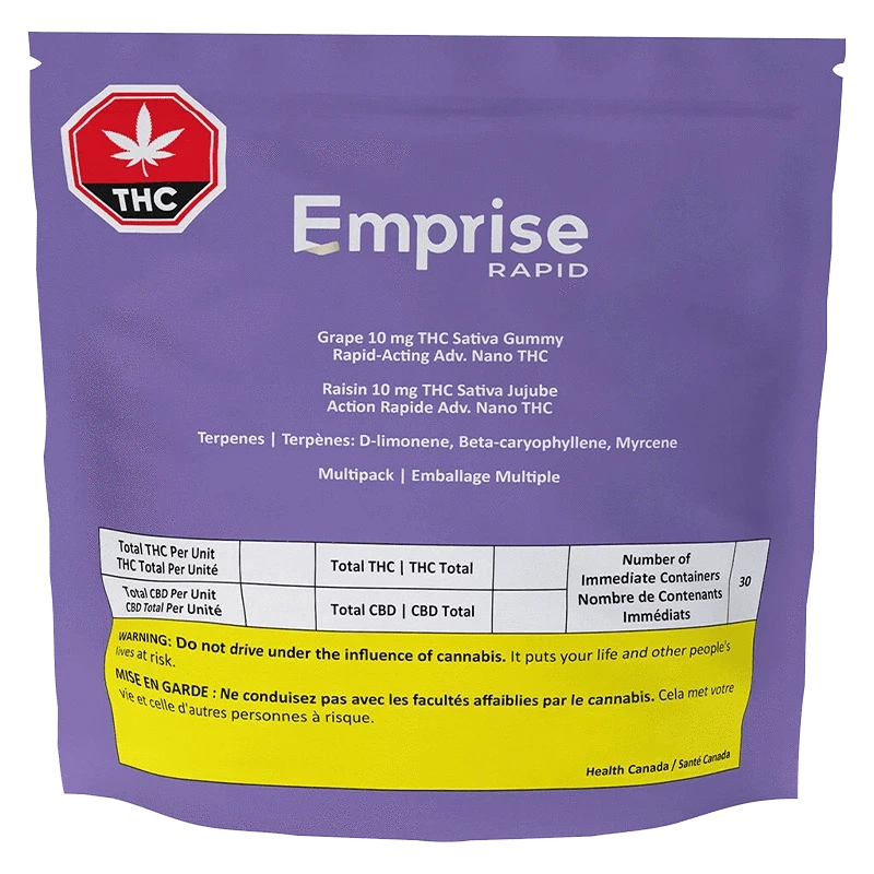 Front-facing shot of a purple pouch labeled Emprise Rapid Grape THC Gummies with a red THC warning symbol and a yellow caution panel near the bottom.